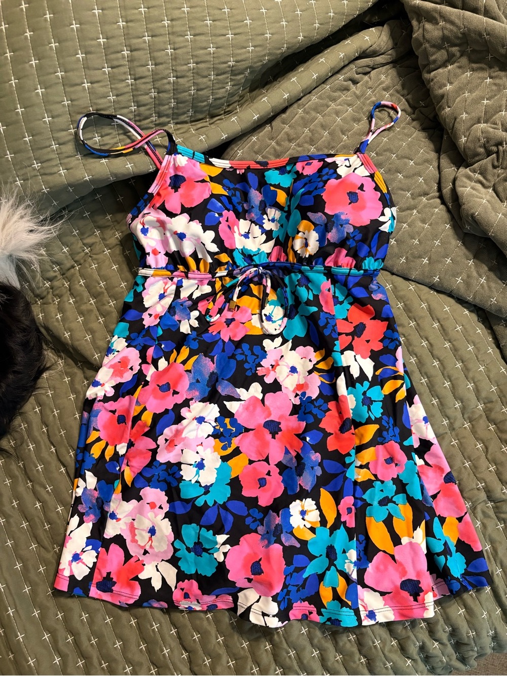 Alisha Levine Black Floral One-Piece Swimsuit Babydoll Swimdress Size 12